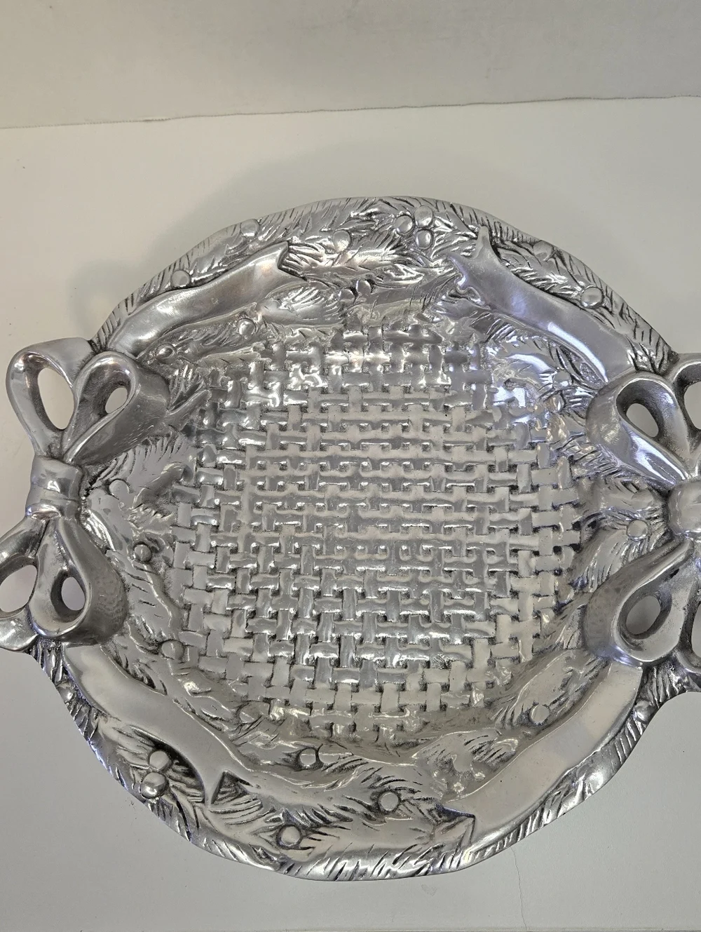 Cast Aluminum Embossed Holly Vine, Basket Weave, Bows Serving Tray Platter Bowl